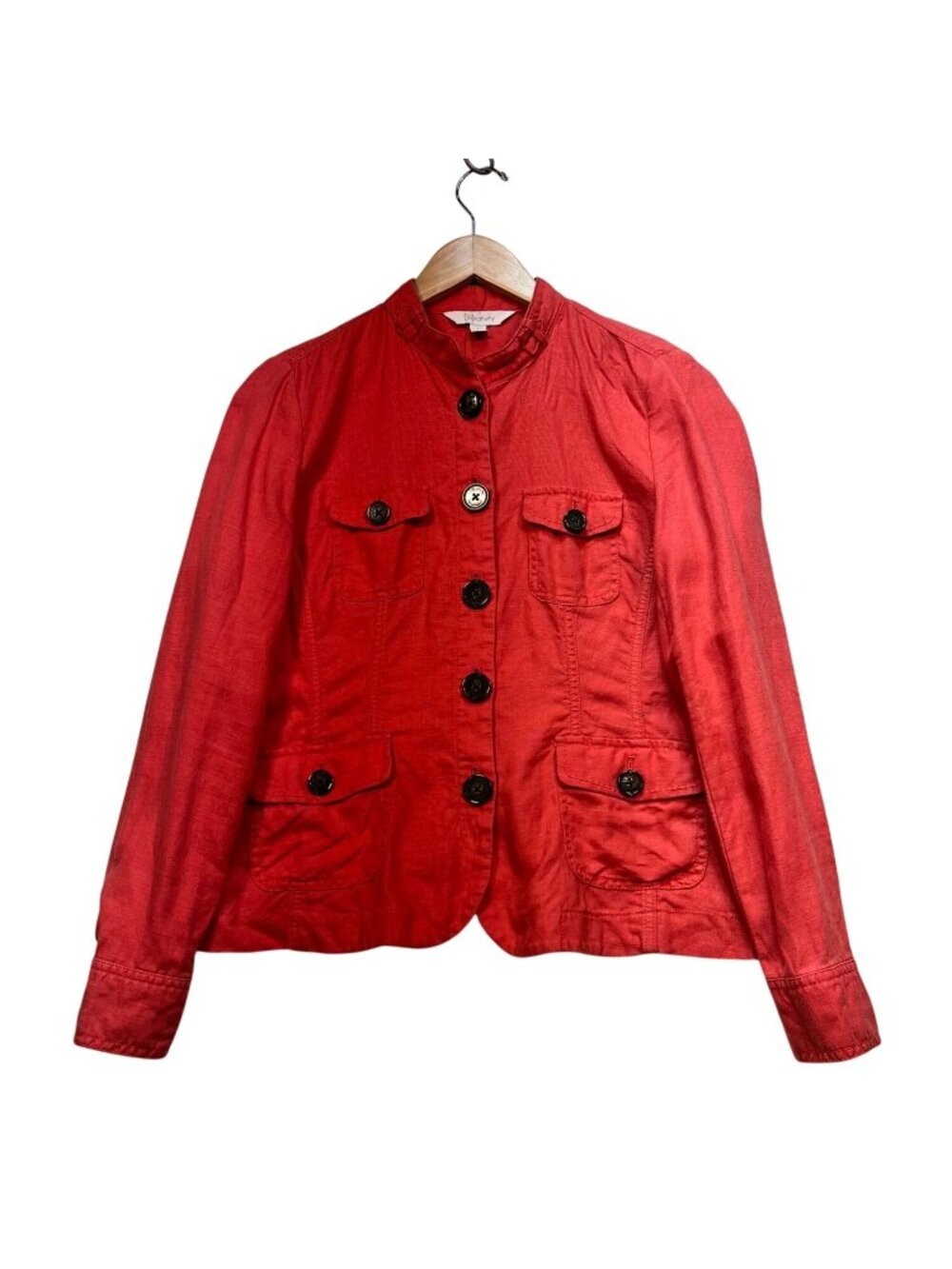 Womens Linen Blazer Jacket Small Red Button Front Mandarin Collar